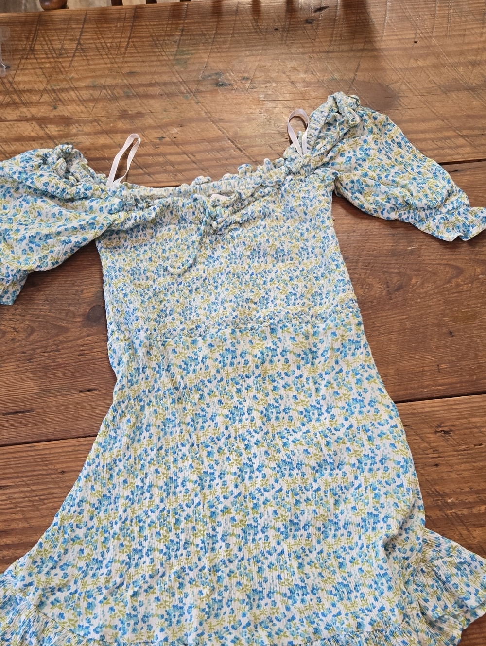 Faithfull the Brand Blue and Yellow Floral Smocked Off-Shoulder Women's Dress